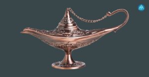 Eine reich verzierte, kupferfarbene Wunderlampe im orientalischen Stil mit Kettchen am Deckel vor einem dunkelgrauen Hintergrund, in der oberen rechten Ecke befindet sich das runde blaue Logo von Dein Gesundheitsbusiness.